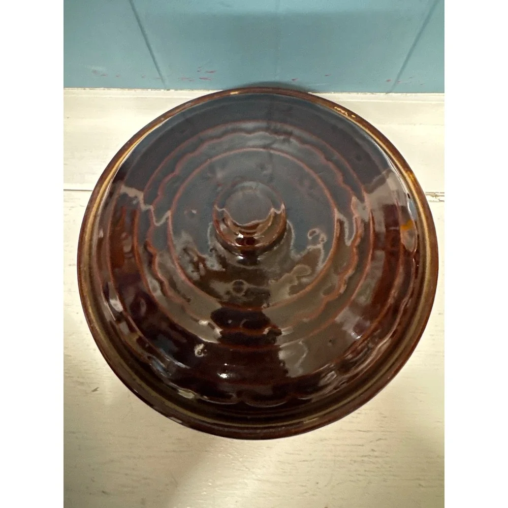 Vintage Brown Stoneware Casserole Dish with Lid Embossed Floral Base